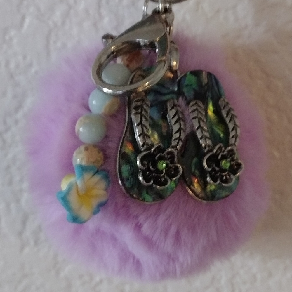 Lilac Pom Pom Bag Charm-Keychain w/Beach Inspired Theme Charms